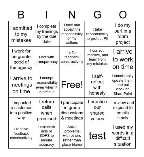 Accountability Bingo Card