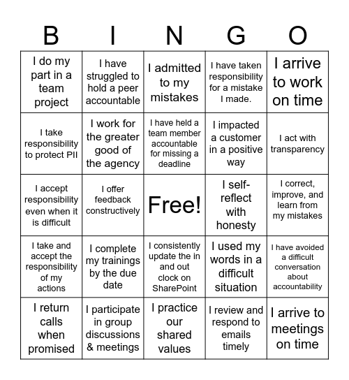Accountability Bingo Card