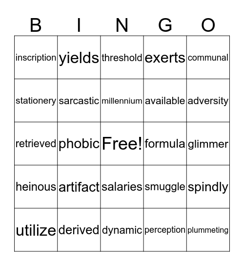 Vocabulary Bingo Card