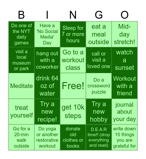 March Wellness Challenge Bingo Card
