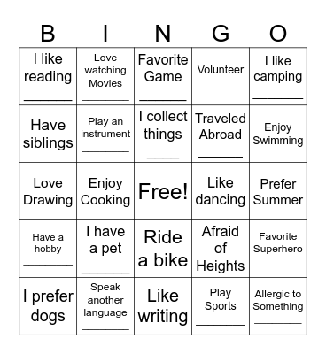 All About Me Bingo Card