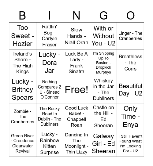 St Patrick's Day Songs Bingo Card