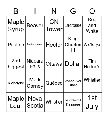 Canada Quiz Bingo Card