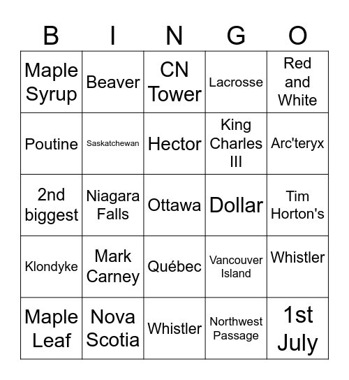 Canada Quiz Bingo Card