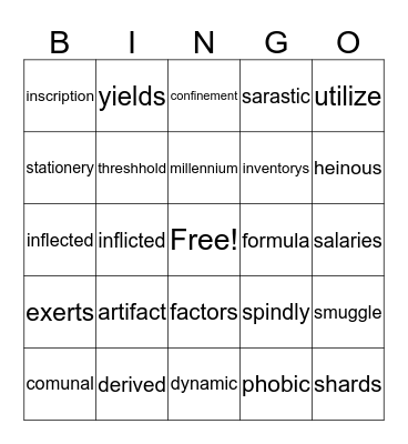 vocabulary bingo Card