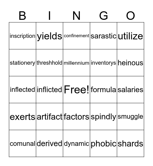 vocabulary bingo Card