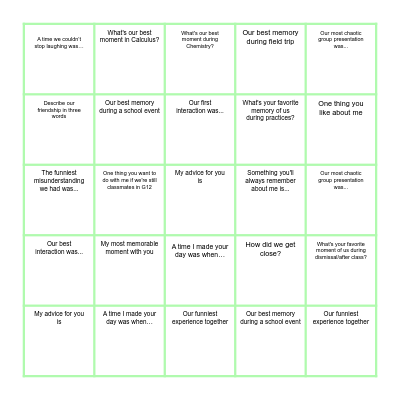 Name: _________________________ Bingo Card