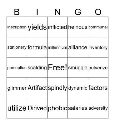 Vocabulary bingo Card