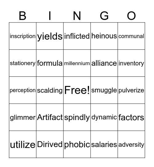 Vocabulary bingo Card