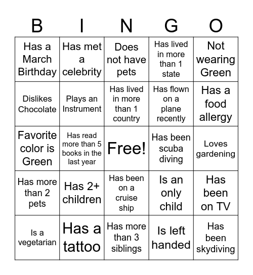 BINGO - Get to know you! Bingo Card