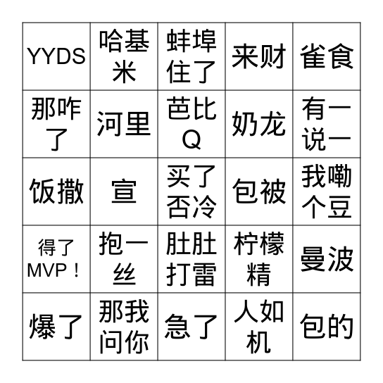 网络用语连线游戏 Bingo Card