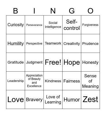 Character Strengths Bingo Card