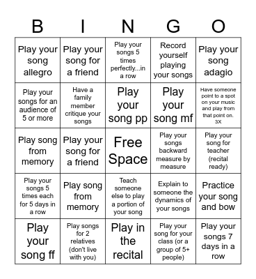Recital Preparation Bingo Card