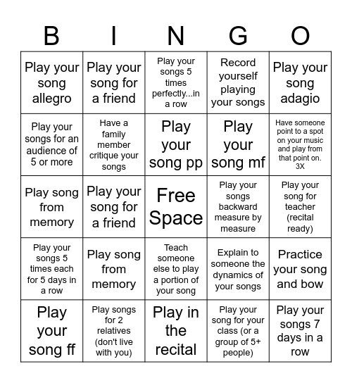 Recital Preparation Bingo Card