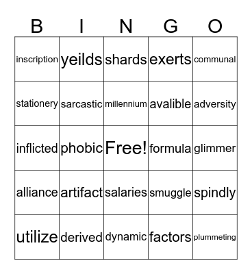 Vocabulary Bingo Card