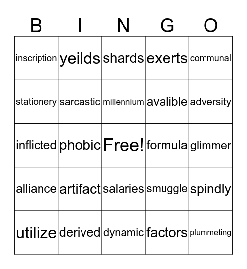 Vocabulary Bingo Card