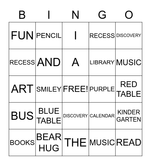 KINDERGARTEN BINGO! Bingo Card