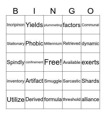 Vocabulary Bingo  Bingo Card