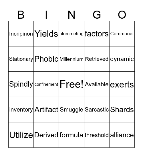 Vocabulary Bingo  Bingo Card