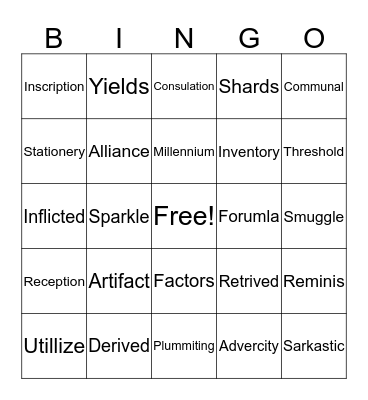 Vocabulary Bingo Card