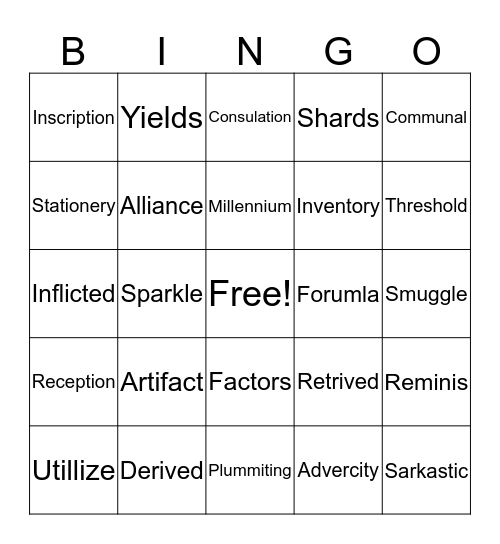 Vocabulary Bingo Card