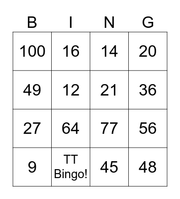 Times Tables Bingo Card