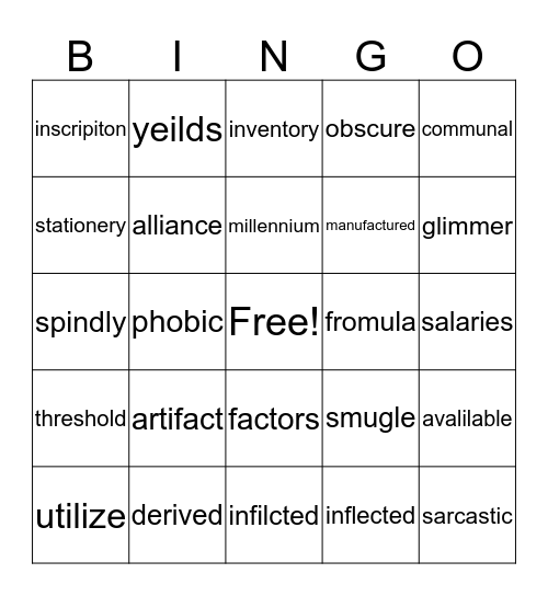 Vocabulary bingo  Bingo Card