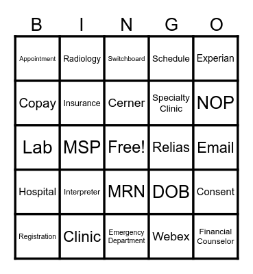 Patient Access Week Bingo Card
