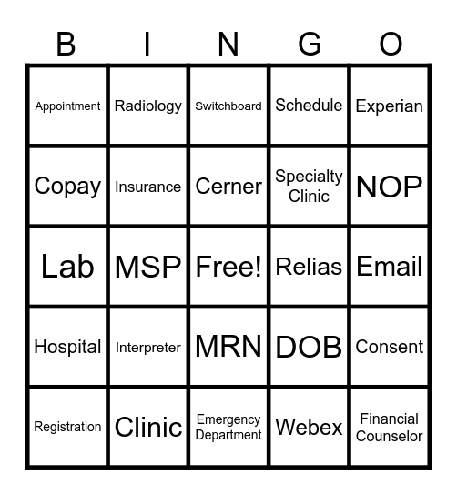 Patient Access Week Bingo Card