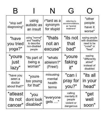 Ableism Bingo Card