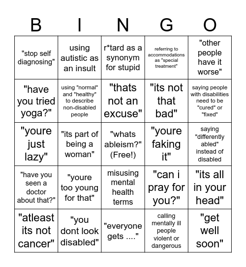 Ableism Bingo Card