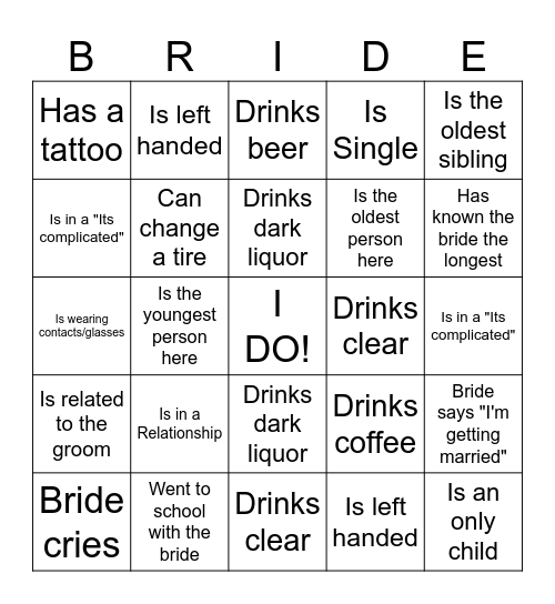 Bridal Shower Bingo Card