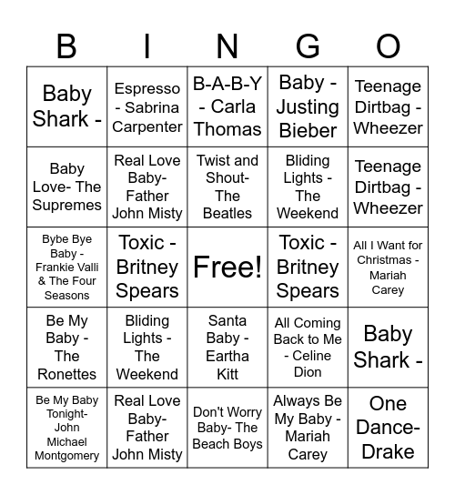 Baby Music Bingo Card