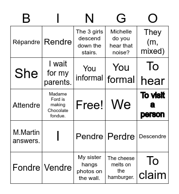 RE Verbs Bingo Card