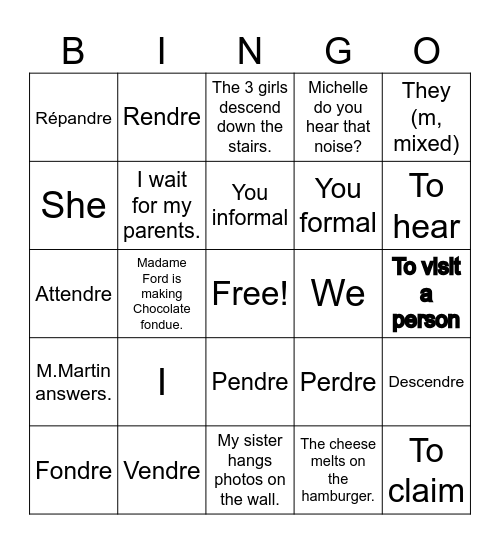 RE Verbs Bingo Card