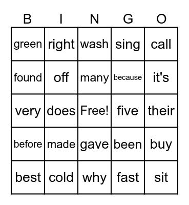 2nd Sight Words Bingo Card