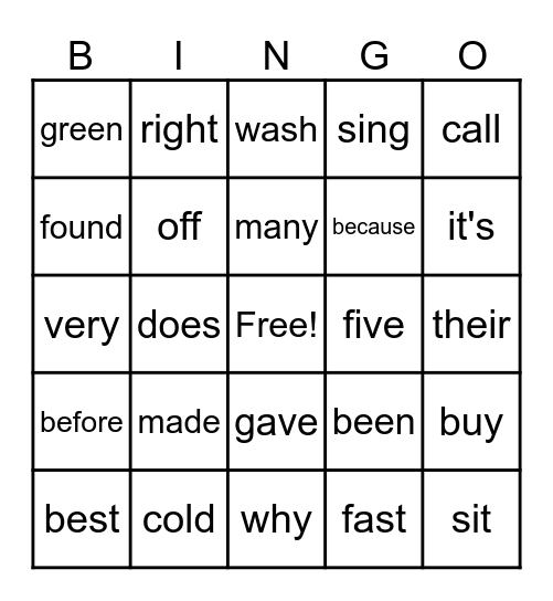 2nd Sight Words Bingo Card