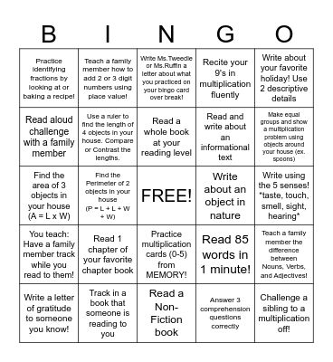 ELA & Math Bingo Card