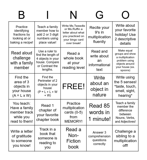 ELA & Math Bingo Card