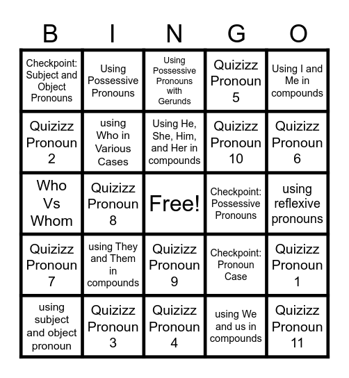 Pronoun Bingo Card