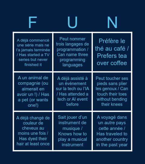 🎲 Trouve quelqu’un qui… / Find Someone Who… Bingo Card