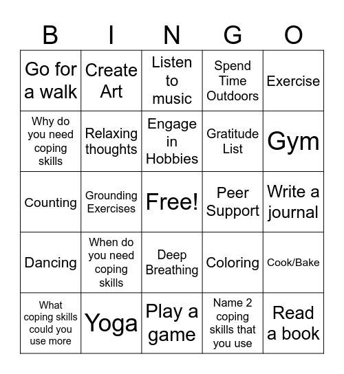 Coping Skills Bingo Card