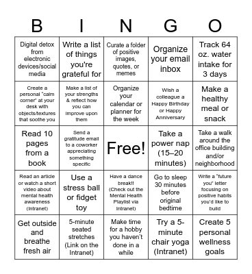 All activities should be at least 10-15 minutes long. Bingo Card