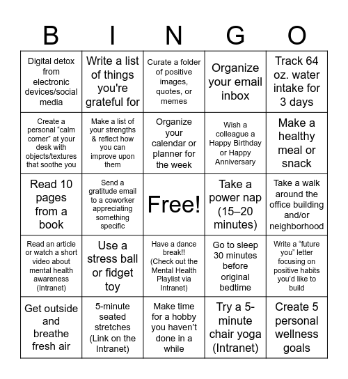 All activities should be at least 10-15 minutes long. Bingo Card