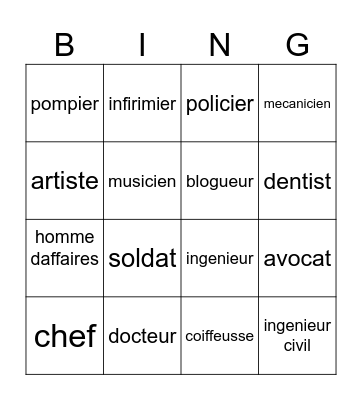 Professions Bingo Card