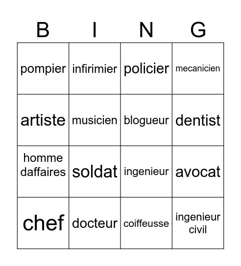 Professions Bingo Card
