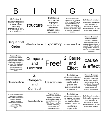 Text Structure Bingo Card