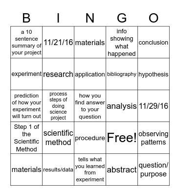 Science Fair Bingo Card