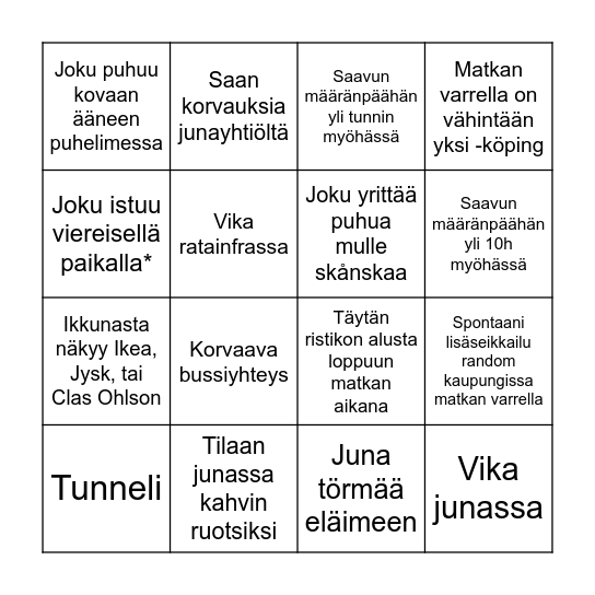 Ruotsin junaelämykset :'D Bingo Card