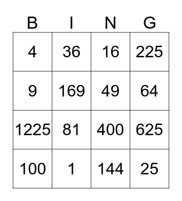 Tal i kvadrat Bingo Card